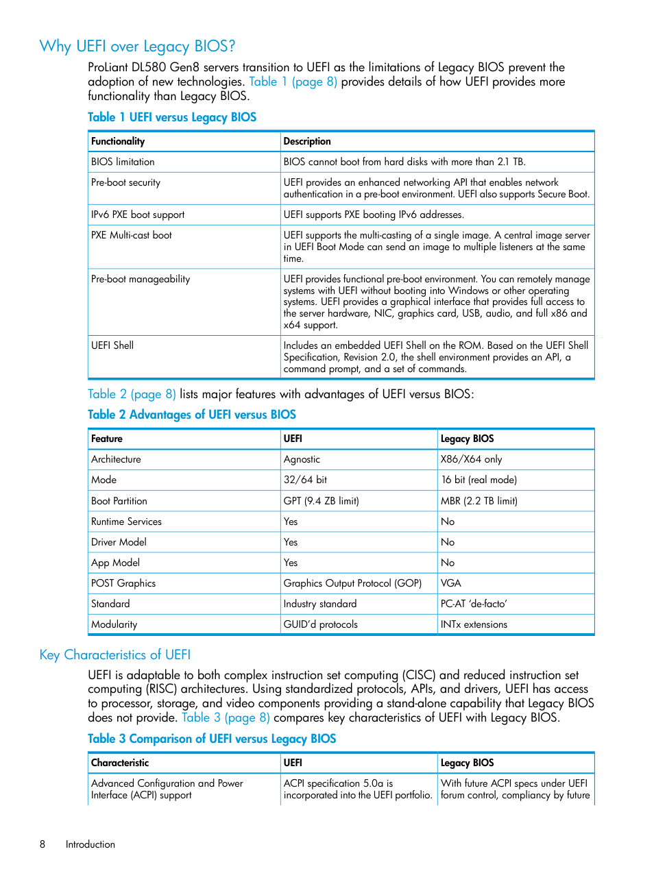 Why uefi over legacy bios, Key characteristics of uefi | HP Unified Extensible Firmware Interface User Manual | Page 8 / 158