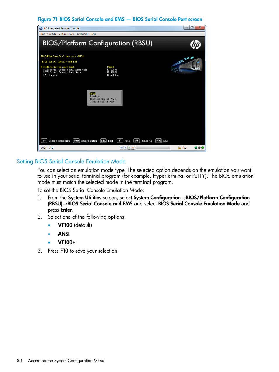 Setting bios serial console emulation mode | HP Unified Extensible Firmware Interface User Manual | Page 80 / 158