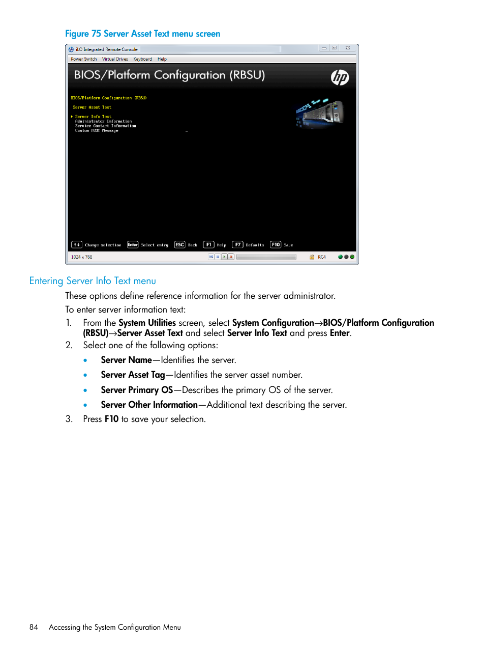 Entering server info text menu | HP Unified Extensible Firmware Interface User Manual | Page 84 / 158