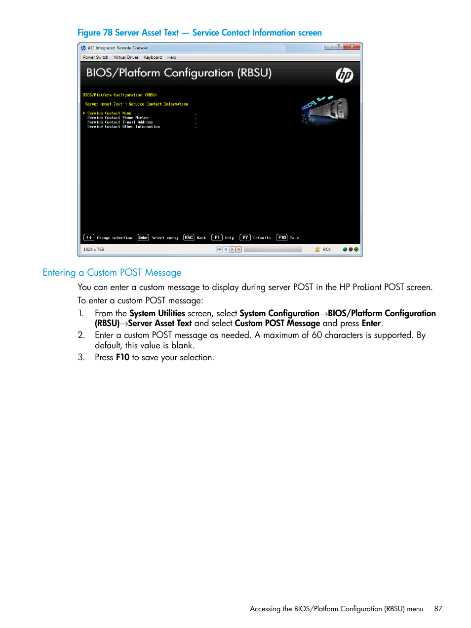 Entering a custom post message | HP Unified Extensible Firmware Interface User Manual | Page 87 / 158