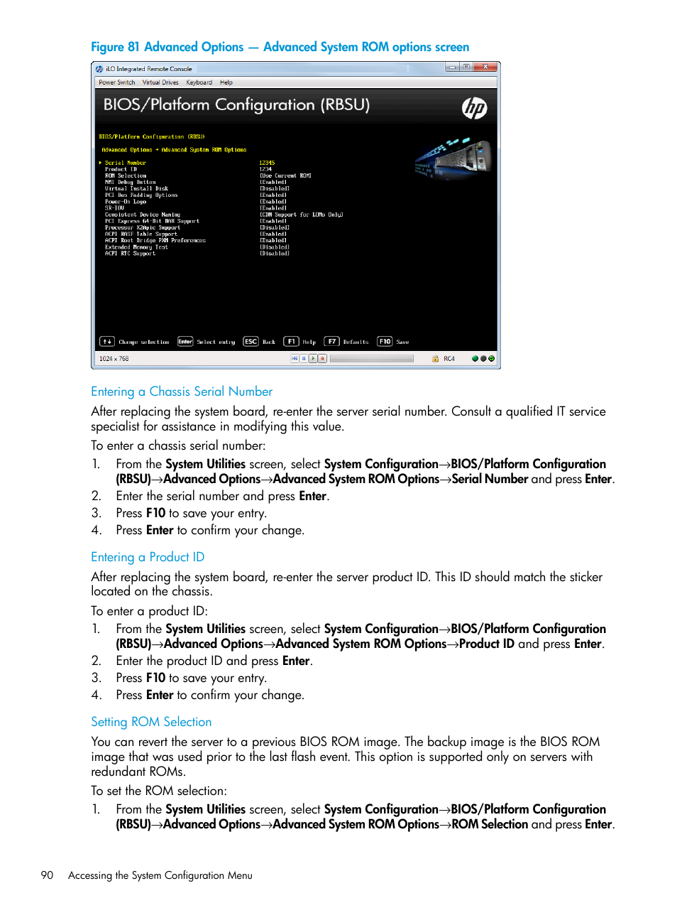 Entering a chassis serial number, Entering a product id, Setting rom selection | HP Unified Extensible Firmware Interface User Manual | Page 90 / 158