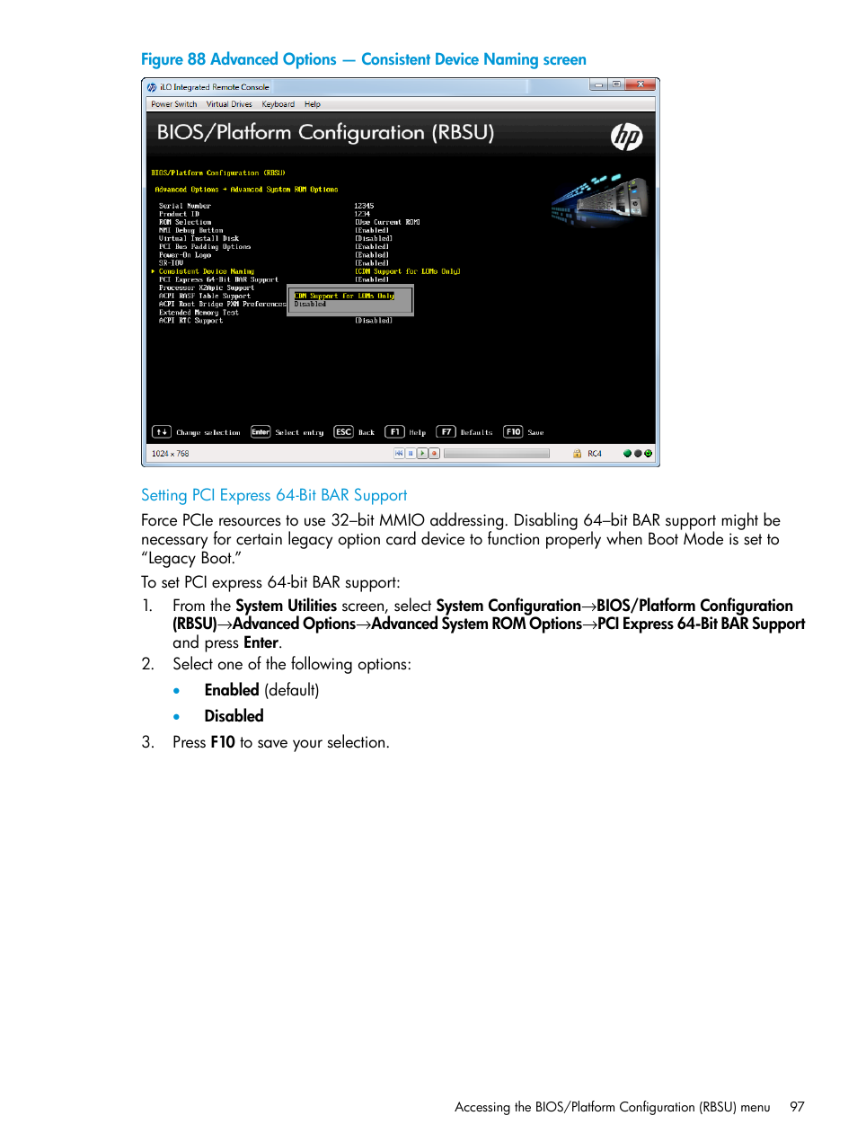 Setting pci express 64-bit bar support | HP Unified Extensible Firmware Interface User Manual | Page 97 / 158