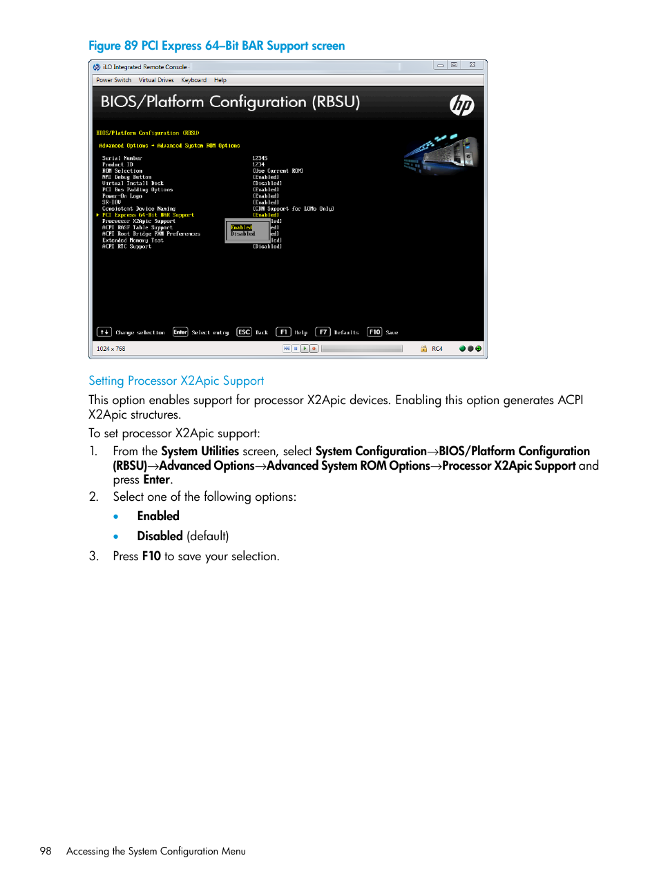 Setting processor x2apic support | HP Unified Extensible Firmware Interface User Manual | Page 98 / 158