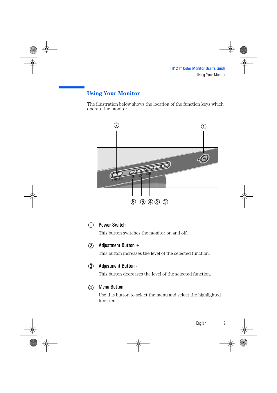 Using your monitor | HP p1130 21 inch CRT Monitor User Manual | Page 10 / 43