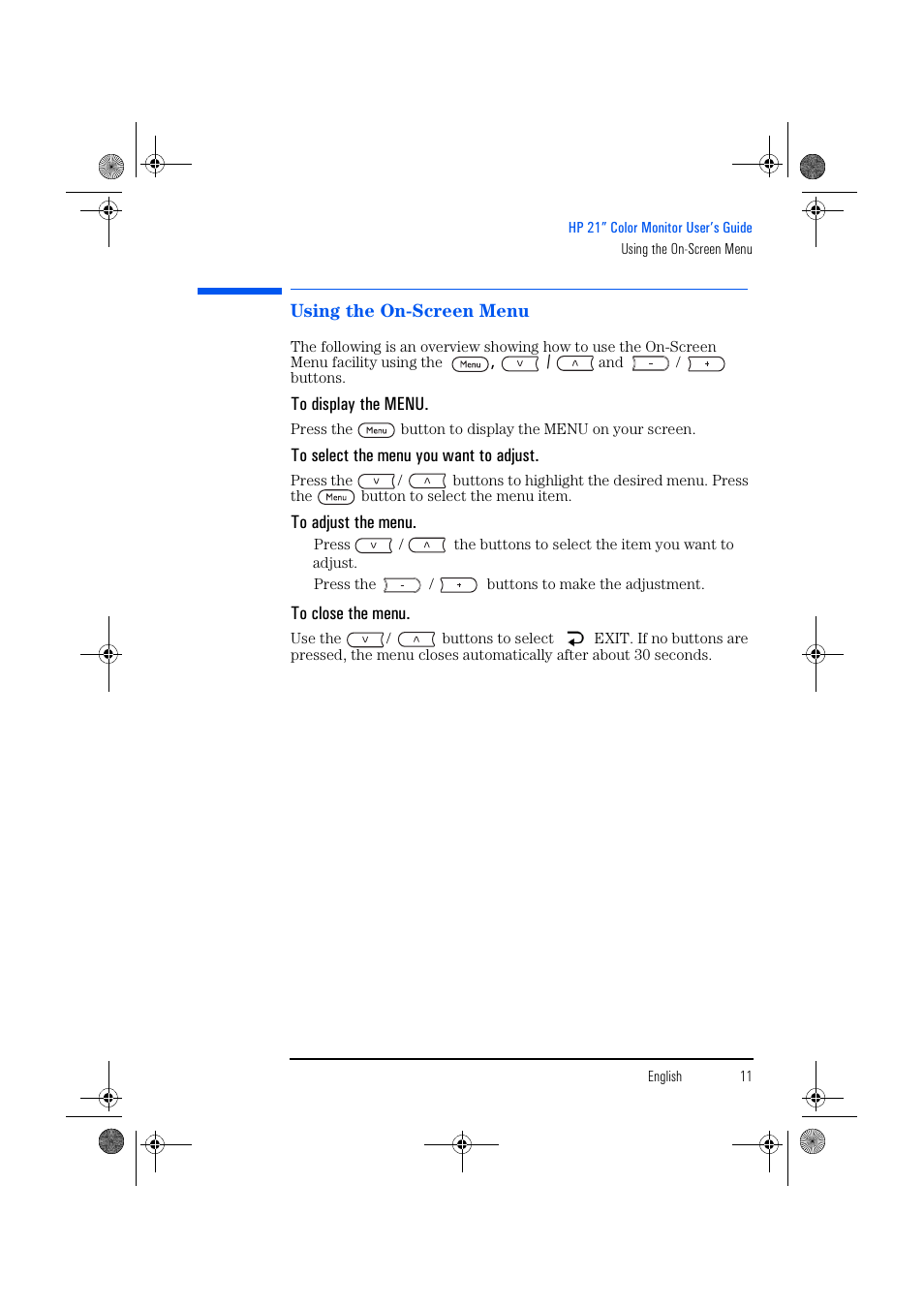 Using the on-screen menu | HP p1130 21 inch CRT Monitor User Manual | Page 12 / 43