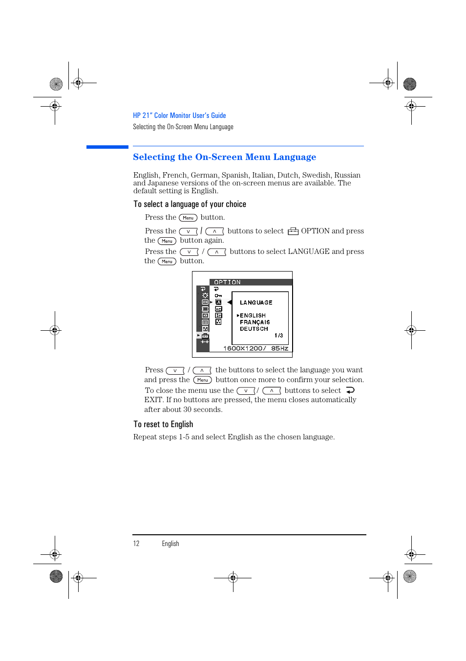 Selecting the on-screen menu language | HP p1130 21 inch CRT Monitor User Manual | Page 13 / 43