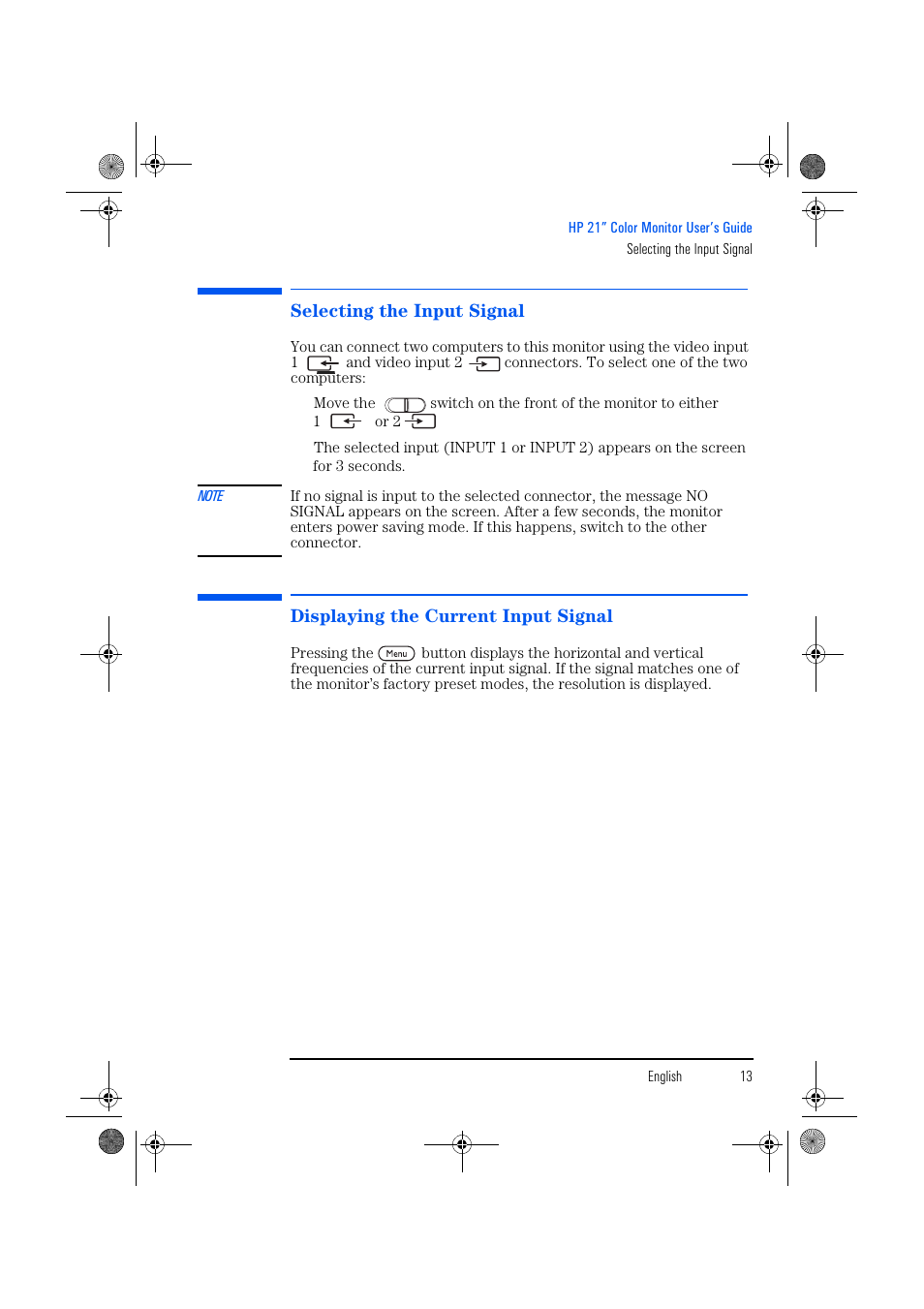 Selecting the input signal, Displaying the current input signal | HP p1130 21 inch CRT Monitor User Manual | Page 14 / 43