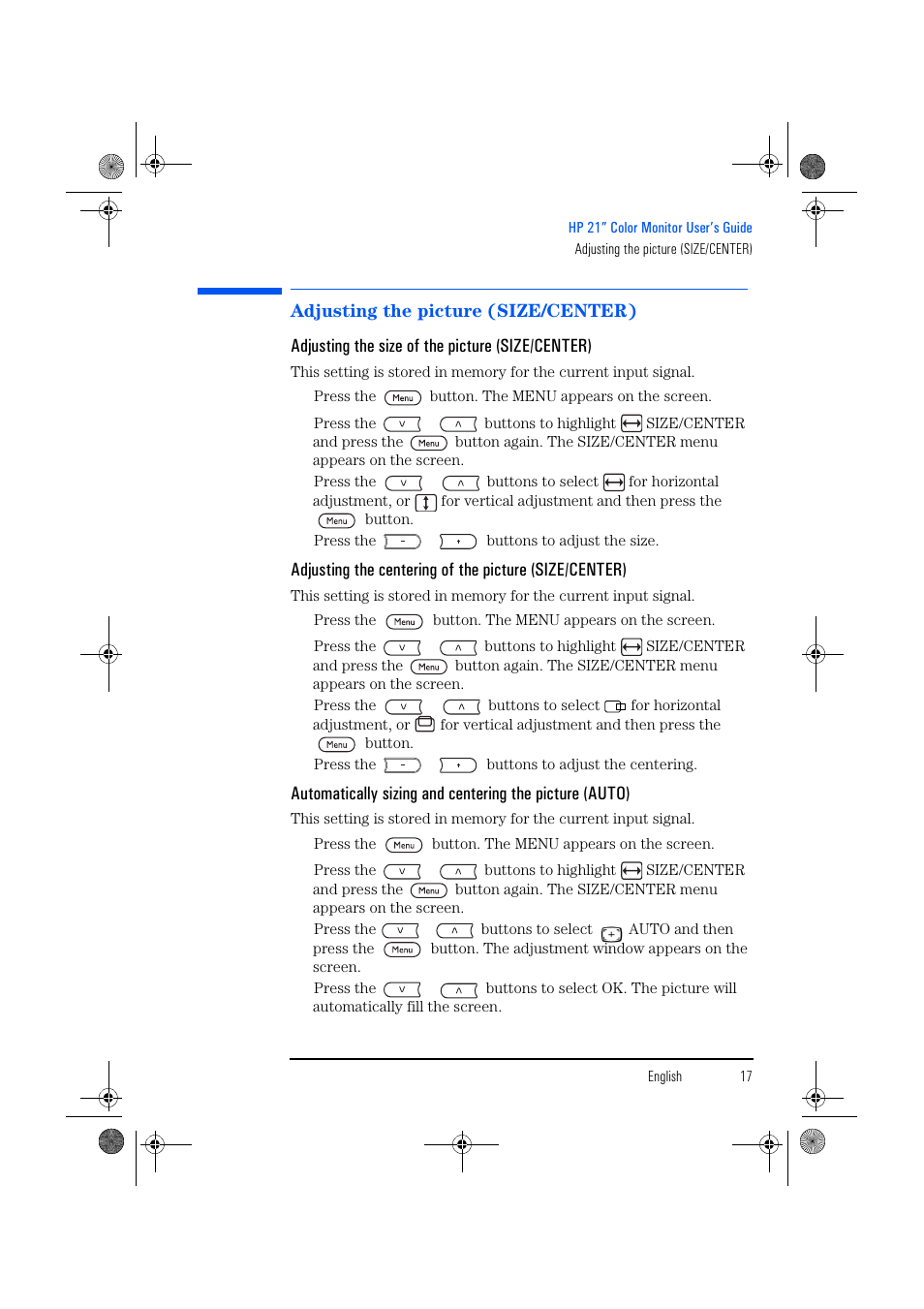 Adjusting the picture (size/center) | HP p1130 21 inch CRT Monitor User Manual | Page 18 / 43
