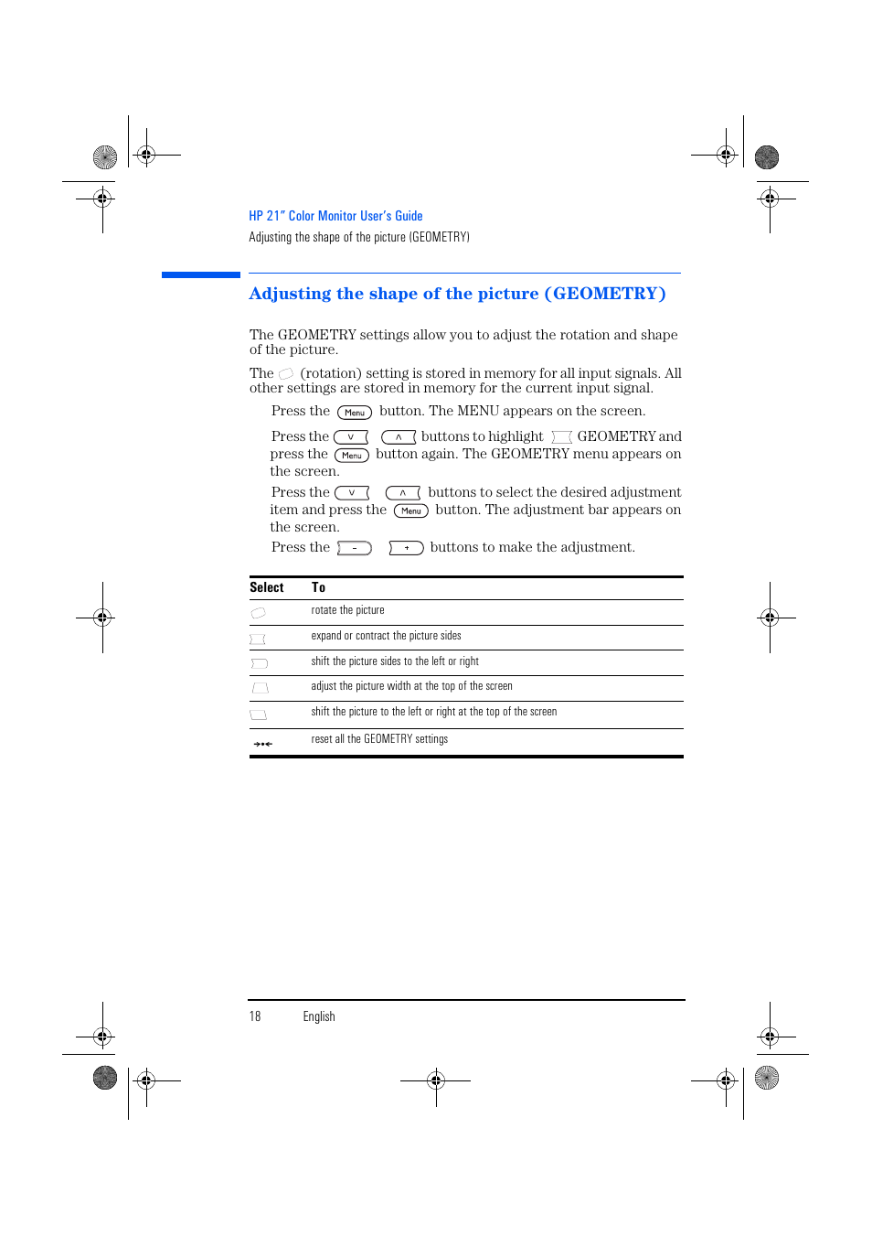 Adjusting the shape of the picture (geometry) | HP p1130 21 inch CRT Monitor User Manual | Page 19 / 43