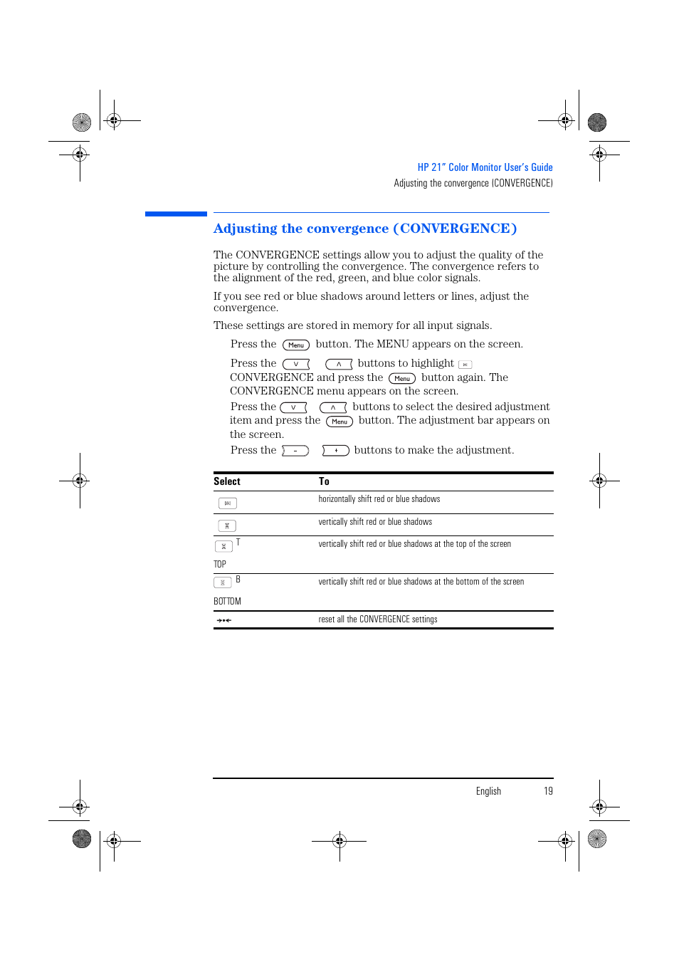 Adjusting the convergence (convergence) | HP p1130 21 inch CRT Monitor User Manual | Page 20 / 43