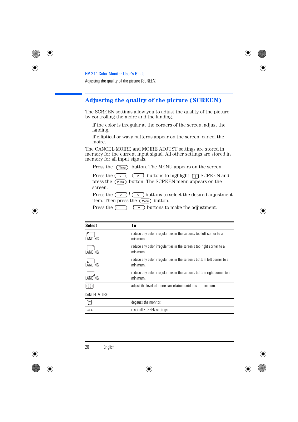 Adjusting the quality of the picture (screen) | HP p1130 21 inch CRT Monitor User Manual | Page 21 / 43