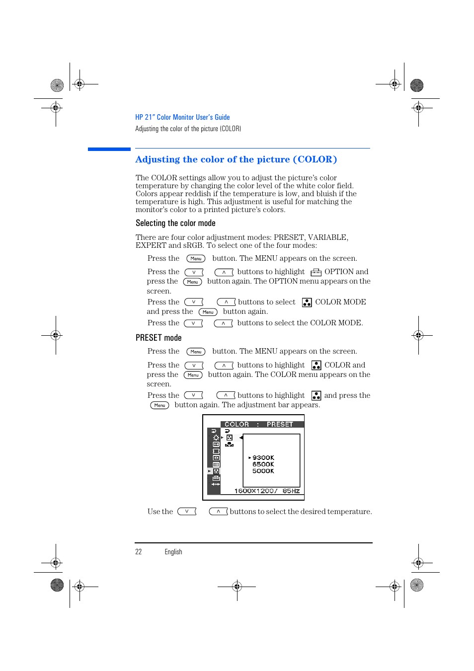 Adjusting the color of the picture (color), Selecting the color mode, Preset mode | HP p1130 21 inch CRT Monitor User Manual | Page 23 / 43