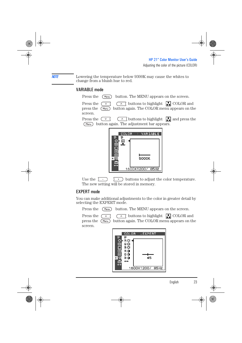 Variable mode, Expert mode | HP p1130 21 inch CRT Monitor User Manual | Page 24 / 43
