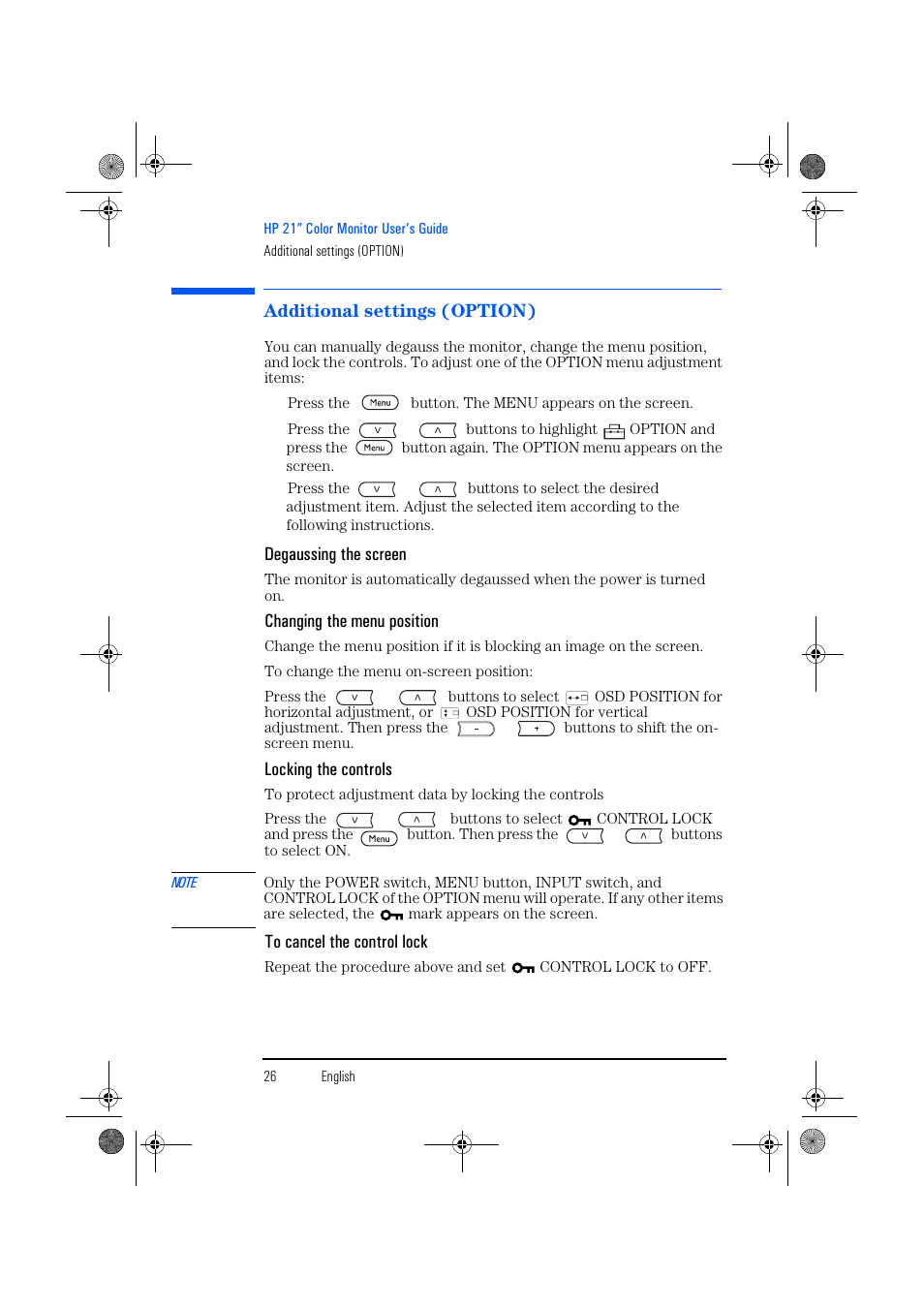 Additional settings (option), Degaussing the screen, Changing the menu position | Locking the controls | HP p1130 21 inch CRT Monitor User Manual | Page 27 / 43