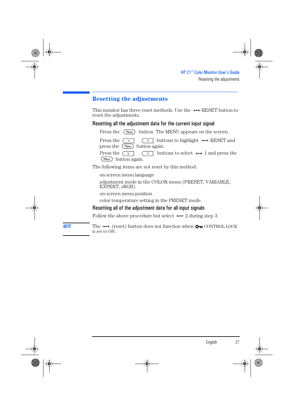 Resetting the adjustments | HP p1130 21 inch CRT Monitor User Manual | Page 28 / 43