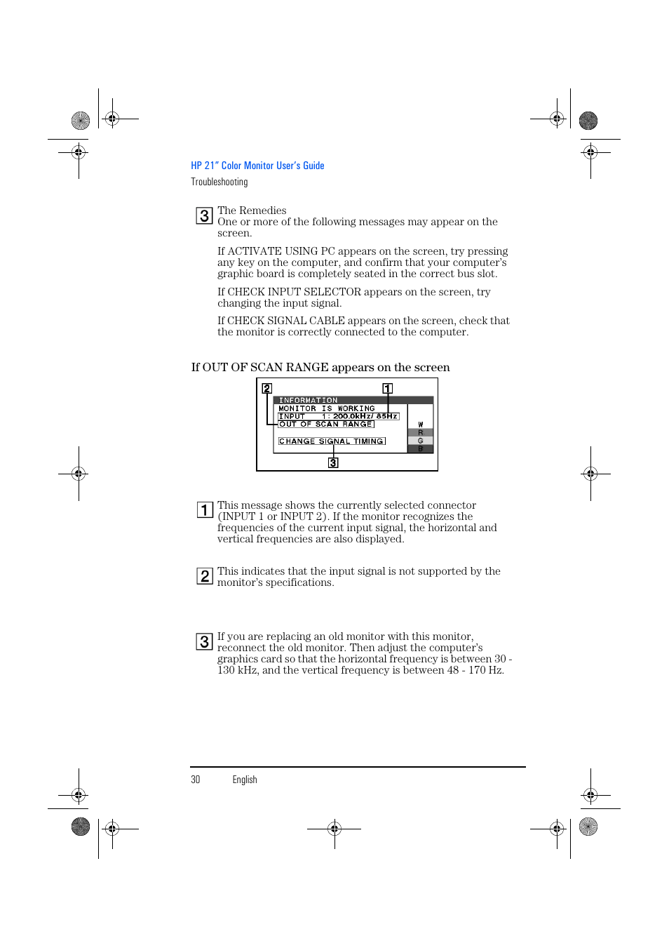 If out of scan range appears on the screen | HP p1130 21 inch CRT Monitor User Manual | Page 31 / 43