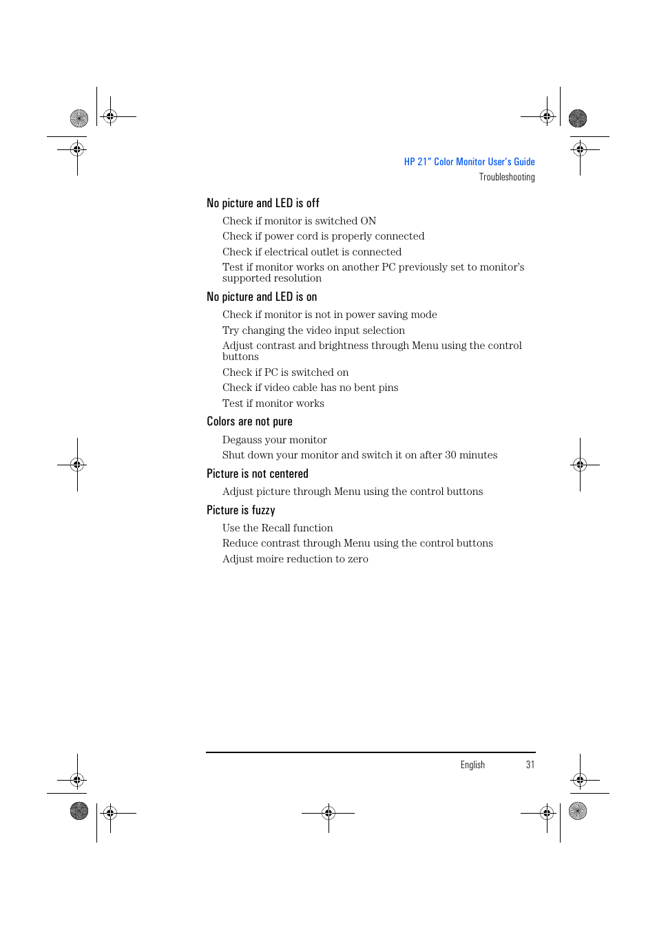 No picture and led is off, No picture and led is on, Colors are not pure | Picture is not centered, Picture is fuzzy | HP p1130 21 inch CRT Monitor User Manual | Page 32 / 43