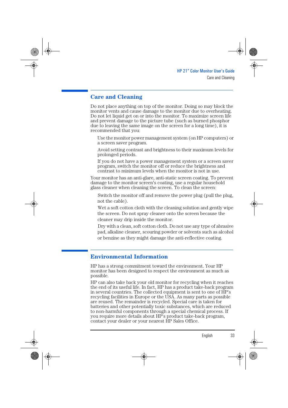 Care and cleaning, Environmental information | HP p1130 21 inch CRT Monitor User Manual | Page 34 / 43
