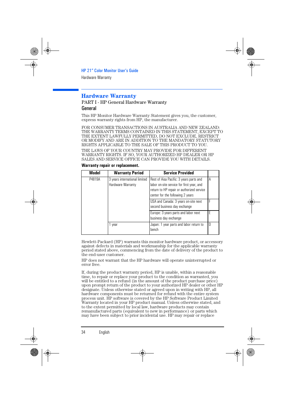 Hardware warranty, Part i - hp general hardware warranty, General | HP p1130 21 inch CRT Monitor User Manual | Page 35 / 43