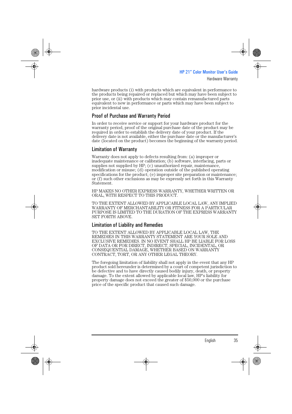 Proof of purchase and warranty period, Limitation of warranty, Limitation of liability and remedies | HP p1130 21 inch CRT Monitor User Manual | Page 36 / 43