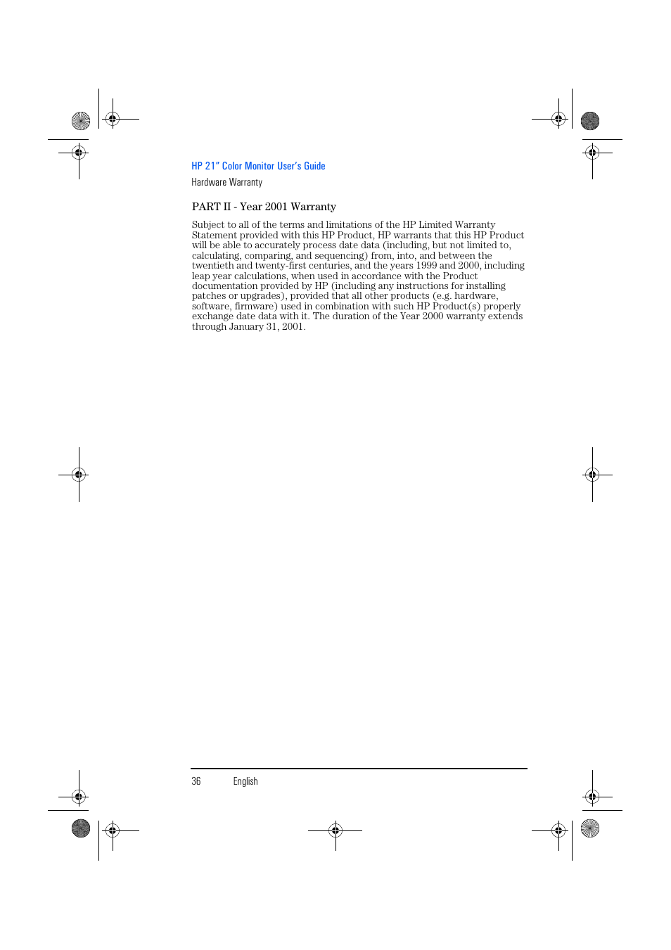 Part ii - year 2001 warranty | HP p1130 21 inch CRT Monitor User Manual | Page 37 / 43
