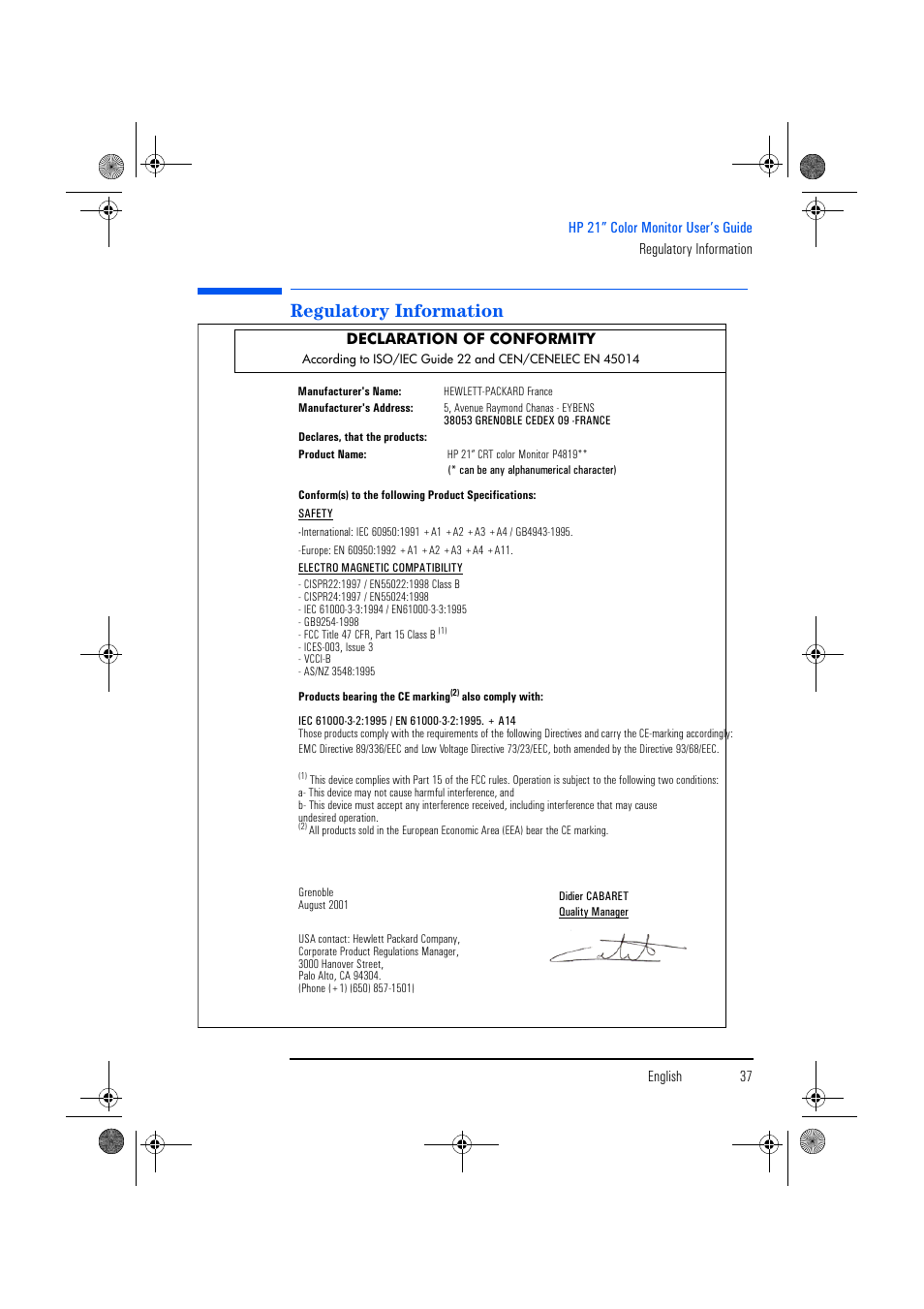 Regulatory information | HP p1130 21 inch CRT Monitor User Manual | Page 38 / 43