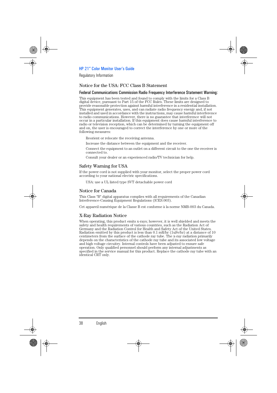 Notice for the usa: fcc class b statement, Safety warning for usa, Notice for canada | X-ray radiation notice | HP p1130 21 inch CRT Monitor User Manual | Page 39 / 43