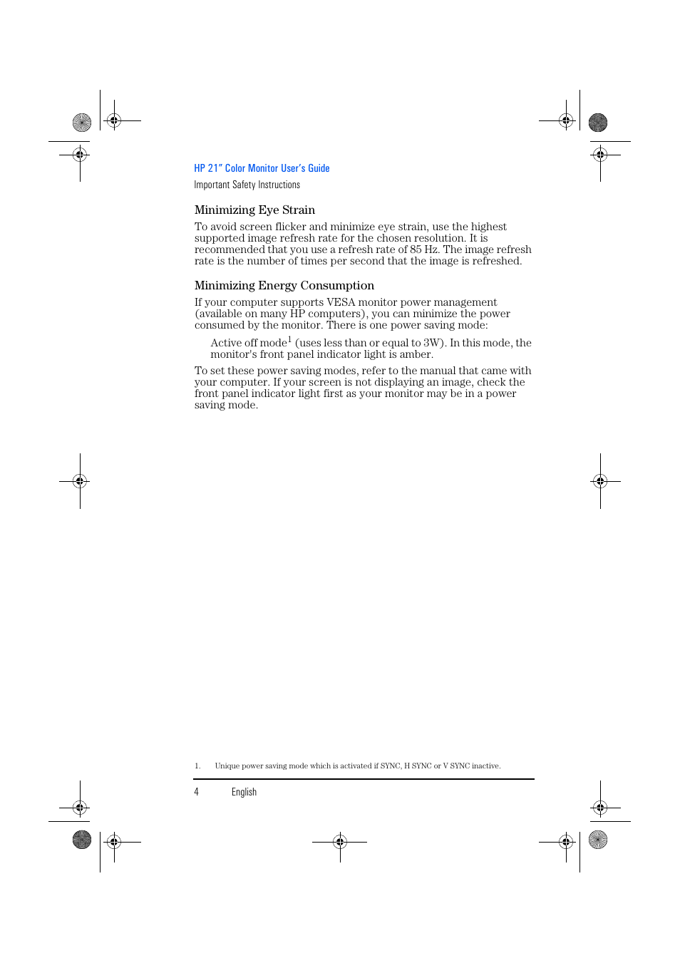 Minimizing eye strain, Minimizing energy consumption | HP p1130 21 inch CRT Monitor User Manual | Page 5 / 43