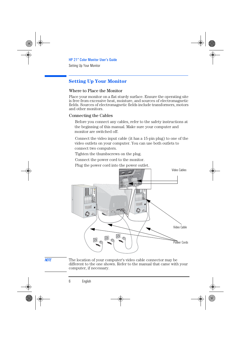 Setting up your monitor, Where to place the monitor, Connecting the cables | HP p1130 21 inch CRT Monitor User Manual | Page 7 / 43