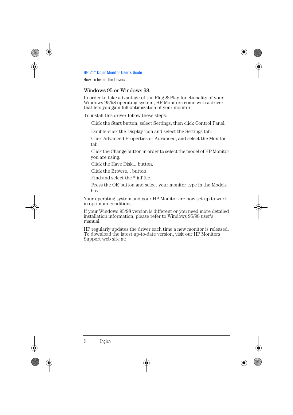 Windows 95 or windows 98 | HP p1130 21 inch CRT Monitor User Manual | Page 9 / 43
