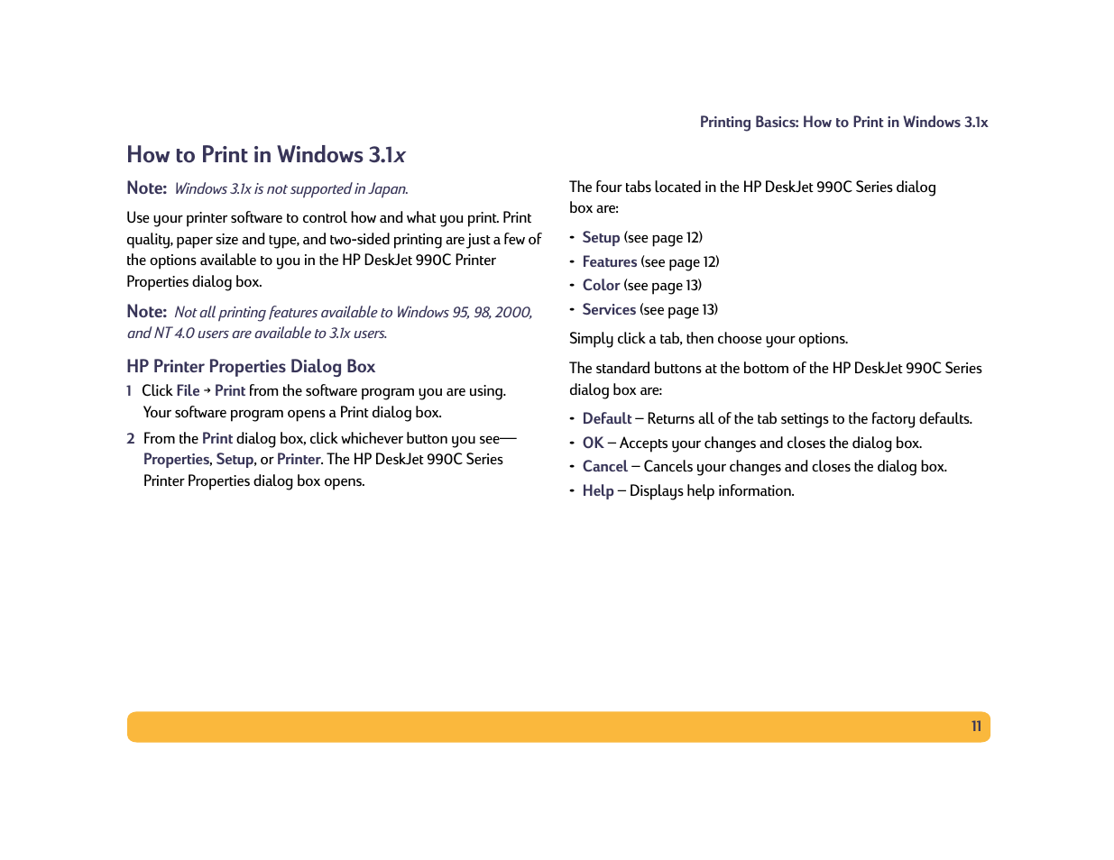 How to print in windows 3.1x, Users—see “how to print in windows 3.1x” o, How to print in windows 3.1 x | HP Deskjet 990cxi Printer User Manual | Page 11 / 102