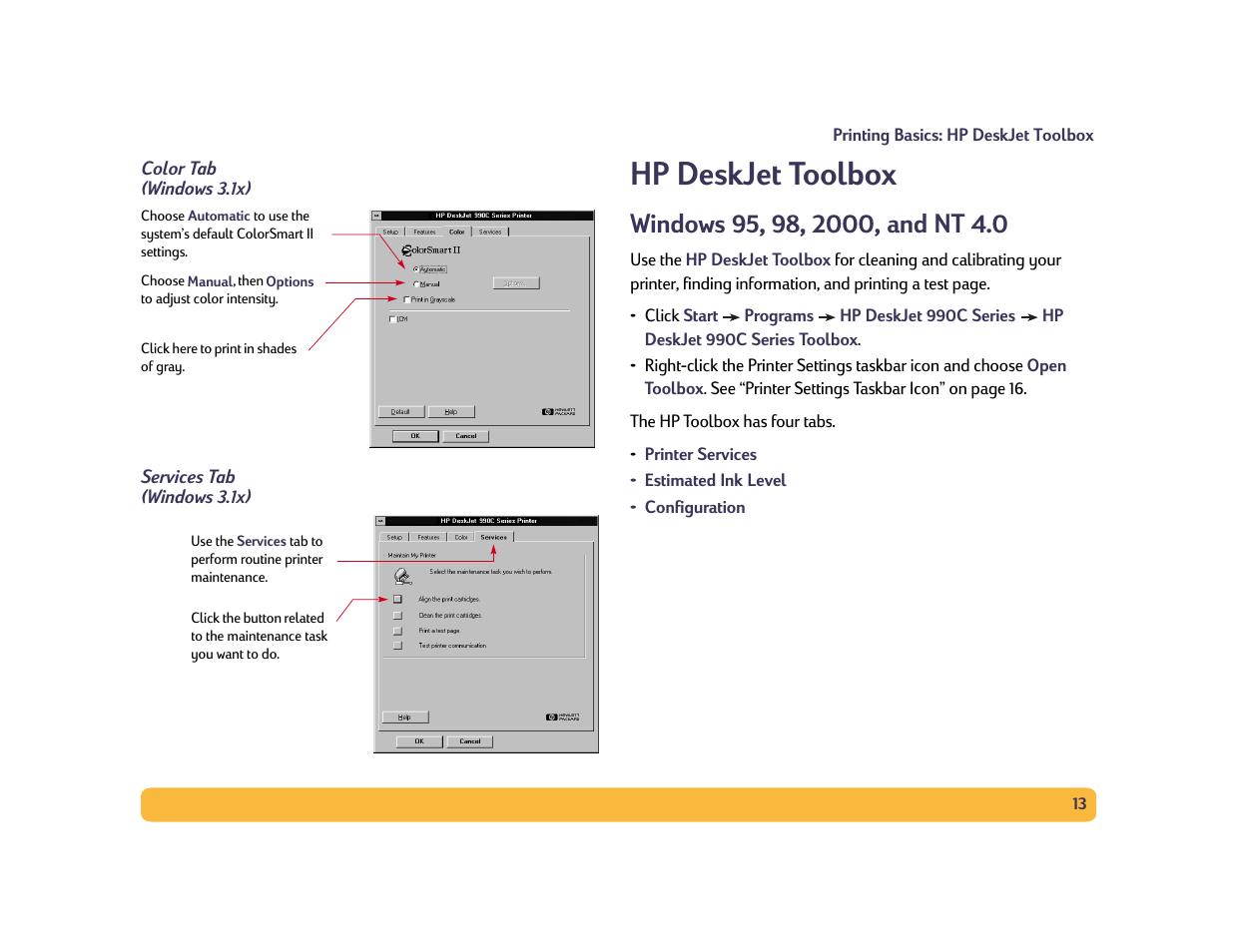 Hp deskjet toolbox, Windows 95, 98, 2000, and nt 4.0 | HP Deskjet 990cxi Printer User Manual | Page 13 / 102