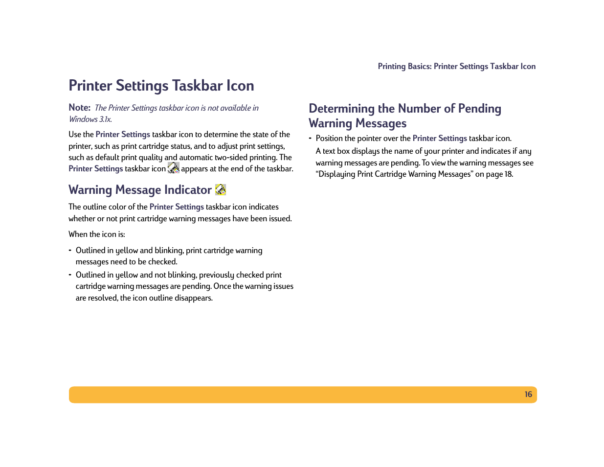 Warning message indicator, Determining the number of pending warning messages, Printer settings taskbar icon | HP Deskjet 990cxi Printer User Manual | Page 16 / 102