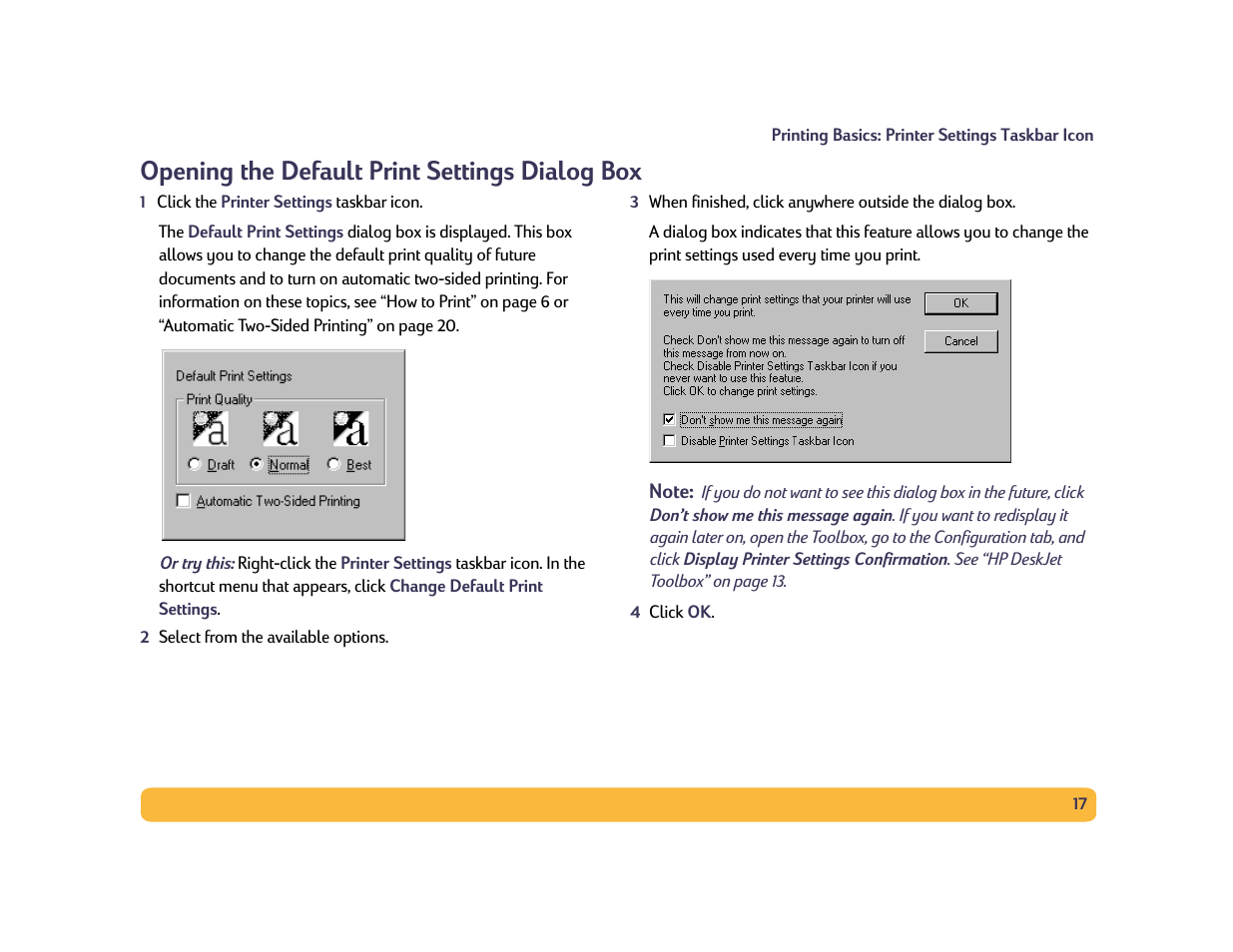 Opening the default print settings dialog box | HP Deskjet 990cxi Printer User Manual | Page 17 / 102