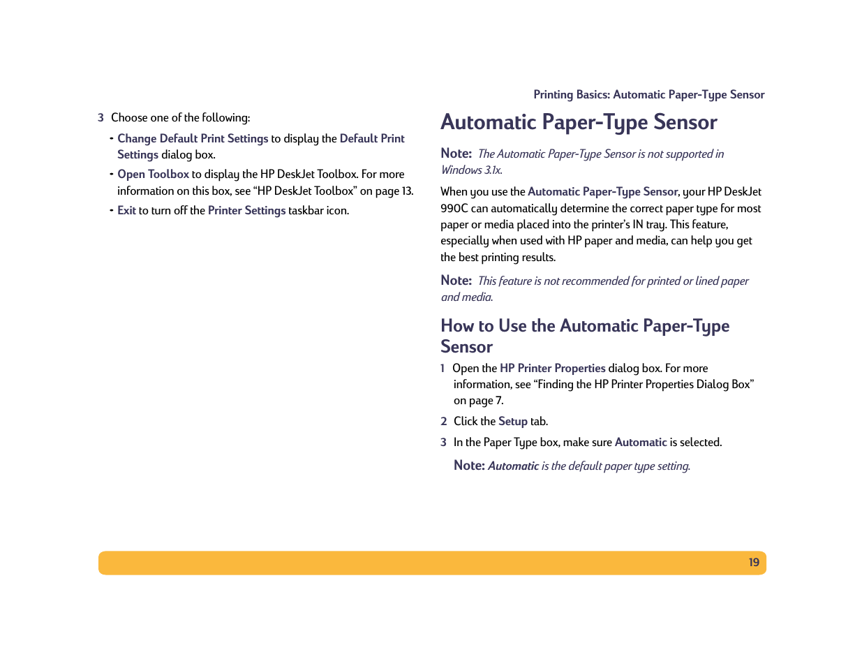 Automatic paper-type sensor, How to use the automatic paper-type sensor | HP Deskjet 990cxi Printer User Manual | Page 19 / 102