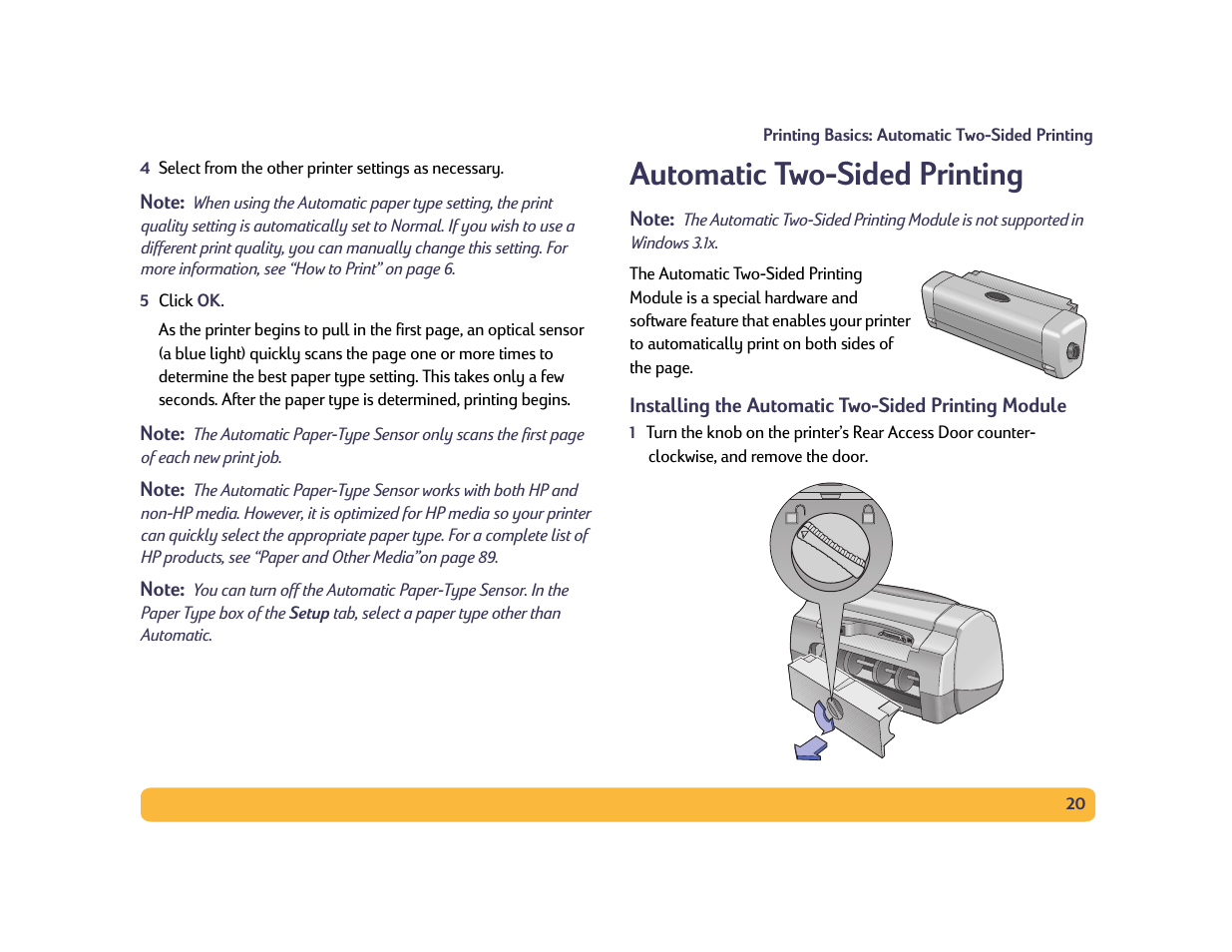 Automatic two-sided printing | HP Deskjet 990cxi Printer User Manual | Page 20 / 102