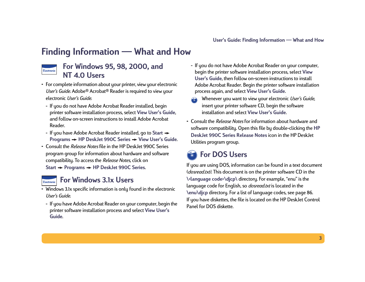 For windows 95, 98, 2000, and nt 4.0 users, For windows 3.1x users, For dos users | Finding information — what and how, 3 for windows 3.1x users, 3 for dos users | HP Deskjet 990cxi Printer User Manual | Page 3 / 102