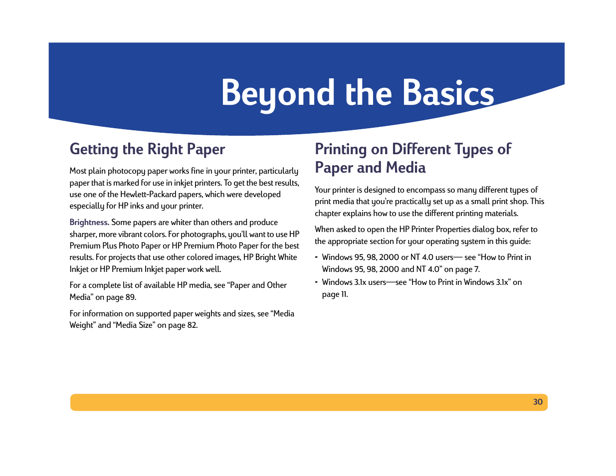Beyond the basics, Getting the right paper, Printing on different types of paper and media | 30 printing on different types of paper and media | HP Deskjet 990cxi Printer User Manual | Page 30 / 102