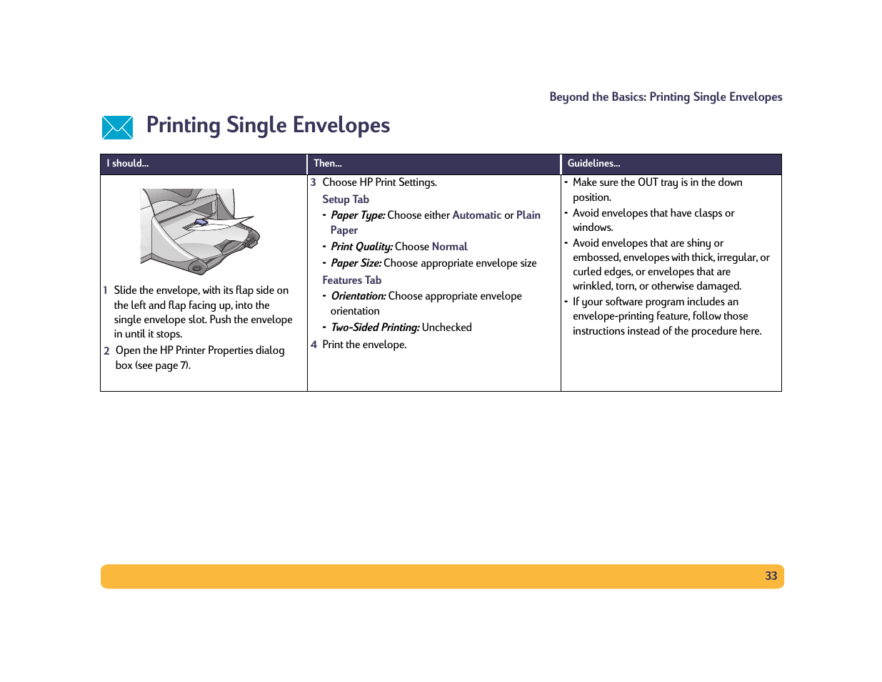 Printing single envelopes | HP Deskjet 990cxi Printer User Manual | Page 33 / 102