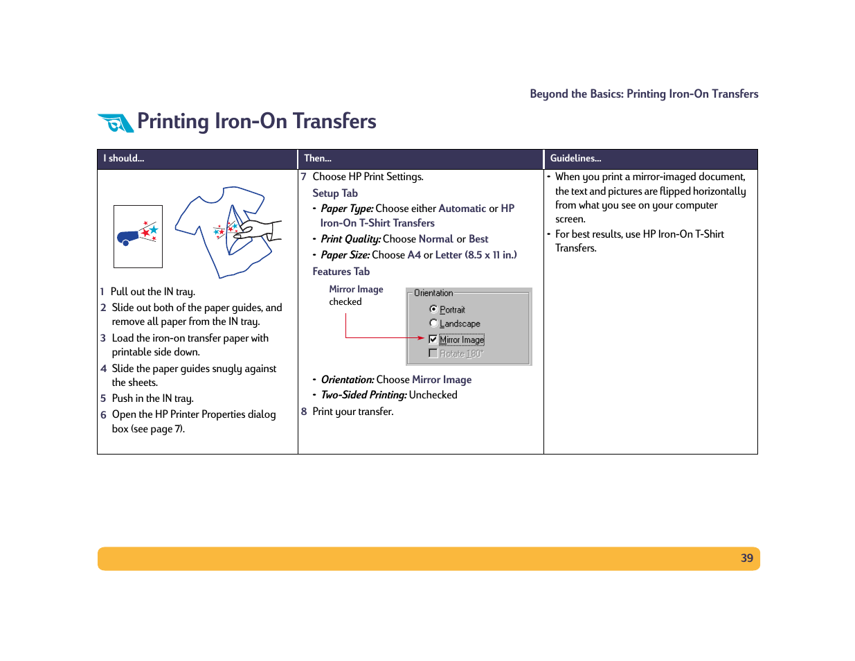 Printing iron-on transfers | HP Deskjet 990cxi Printer User Manual | Page 39 / 102