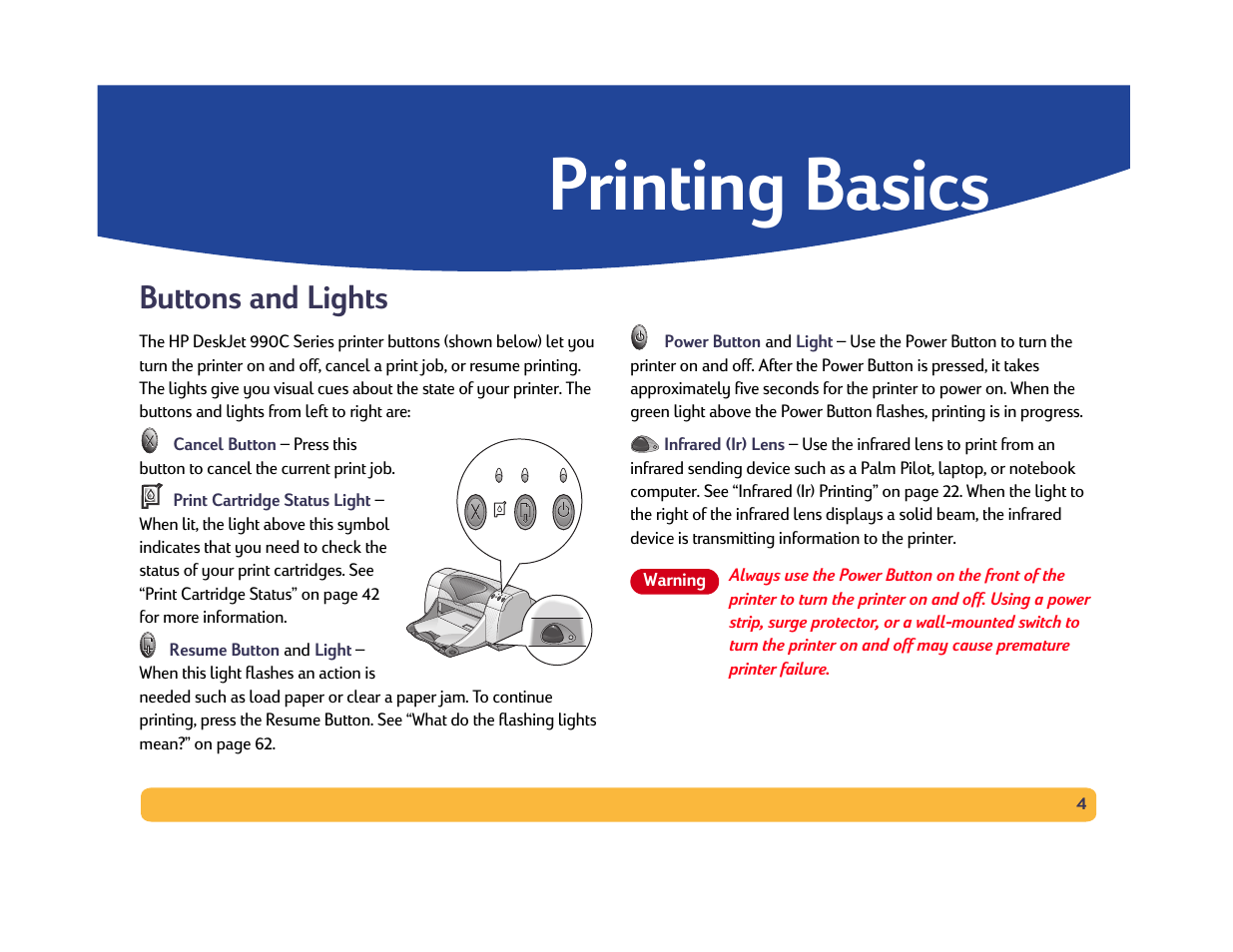 Printing basics, Buttons and lights | HP Deskjet 990cxi Printer User Manual | Page 4 / 102