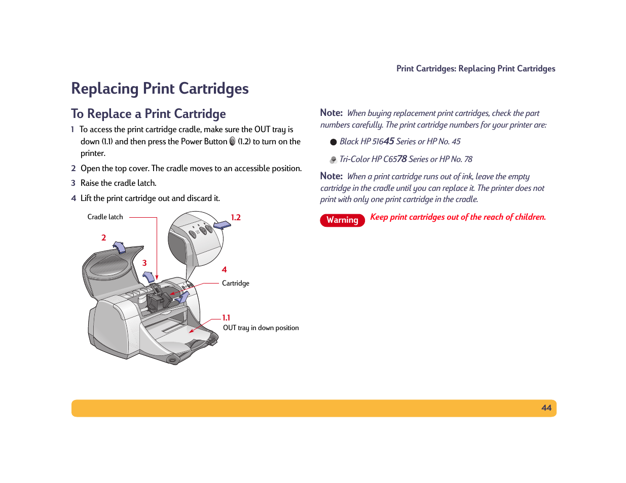 To replace a print cartridge, Replacing print cartridges | HP Deskjet 990cxi Printer User Manual | Page 44 / 102