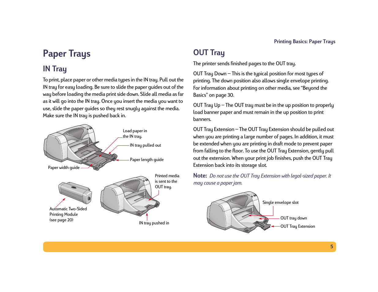 Paper trays, In tray, Out tray | 5 out tray | HP Deskjet 990cxi Printer User Manual | Page 5 / 102
