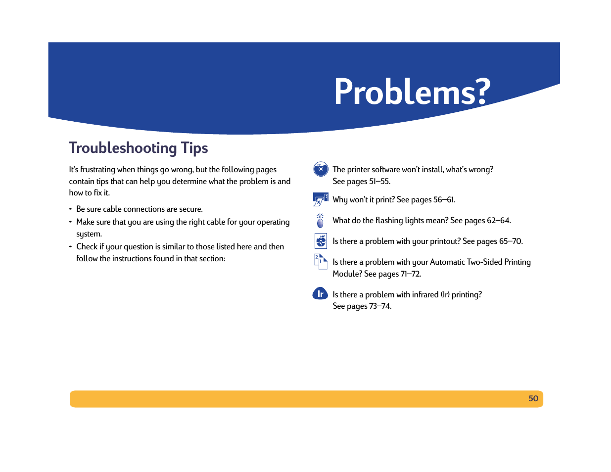 Problems, Troubleshooting tips | HP Deskjet 990cxi Printer User Manual | Page 50 / 102