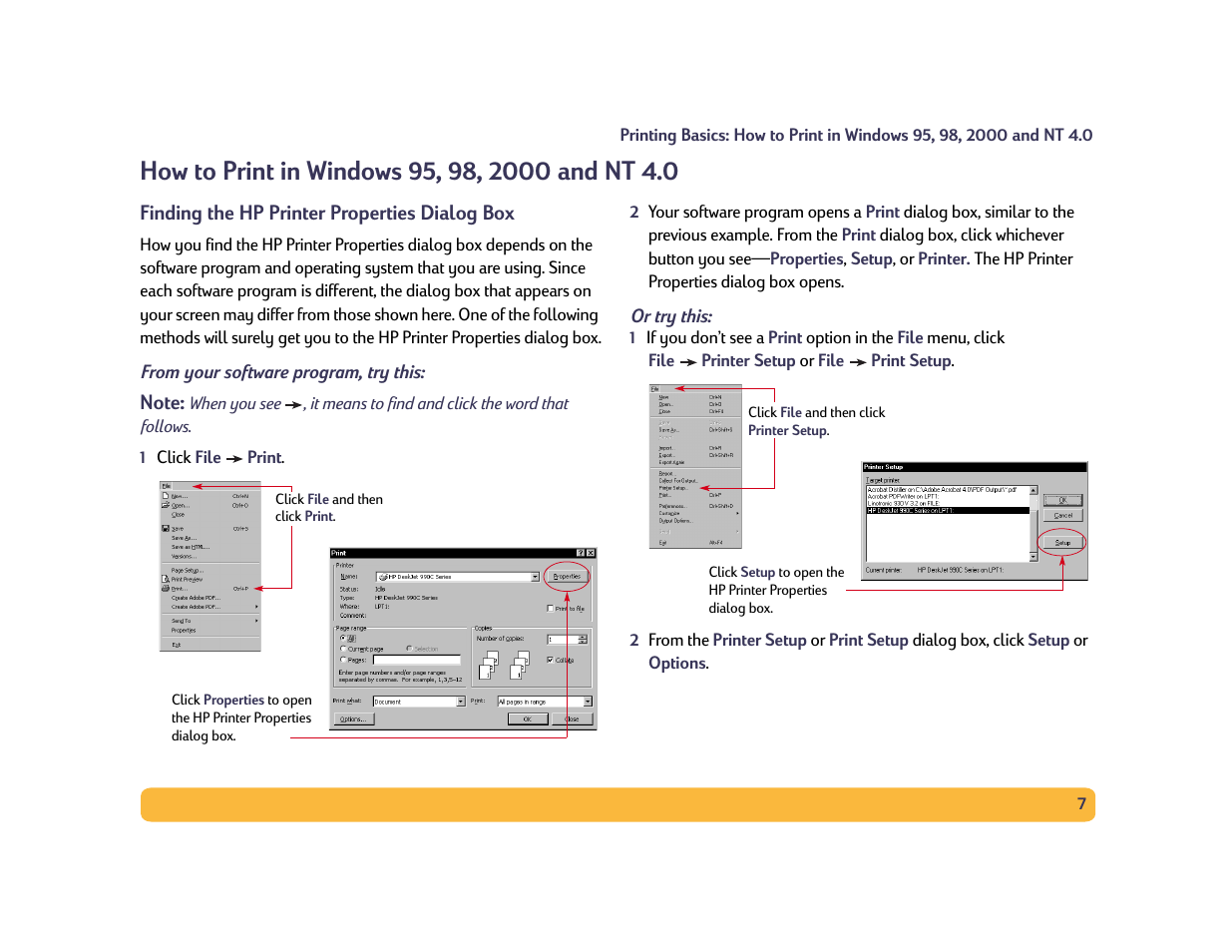 How to print in windows 95, 98, 2000 and nt 4.0, See “how to print in | HP Deskjet 990cxi Printer User Manual | Page 7 / 102