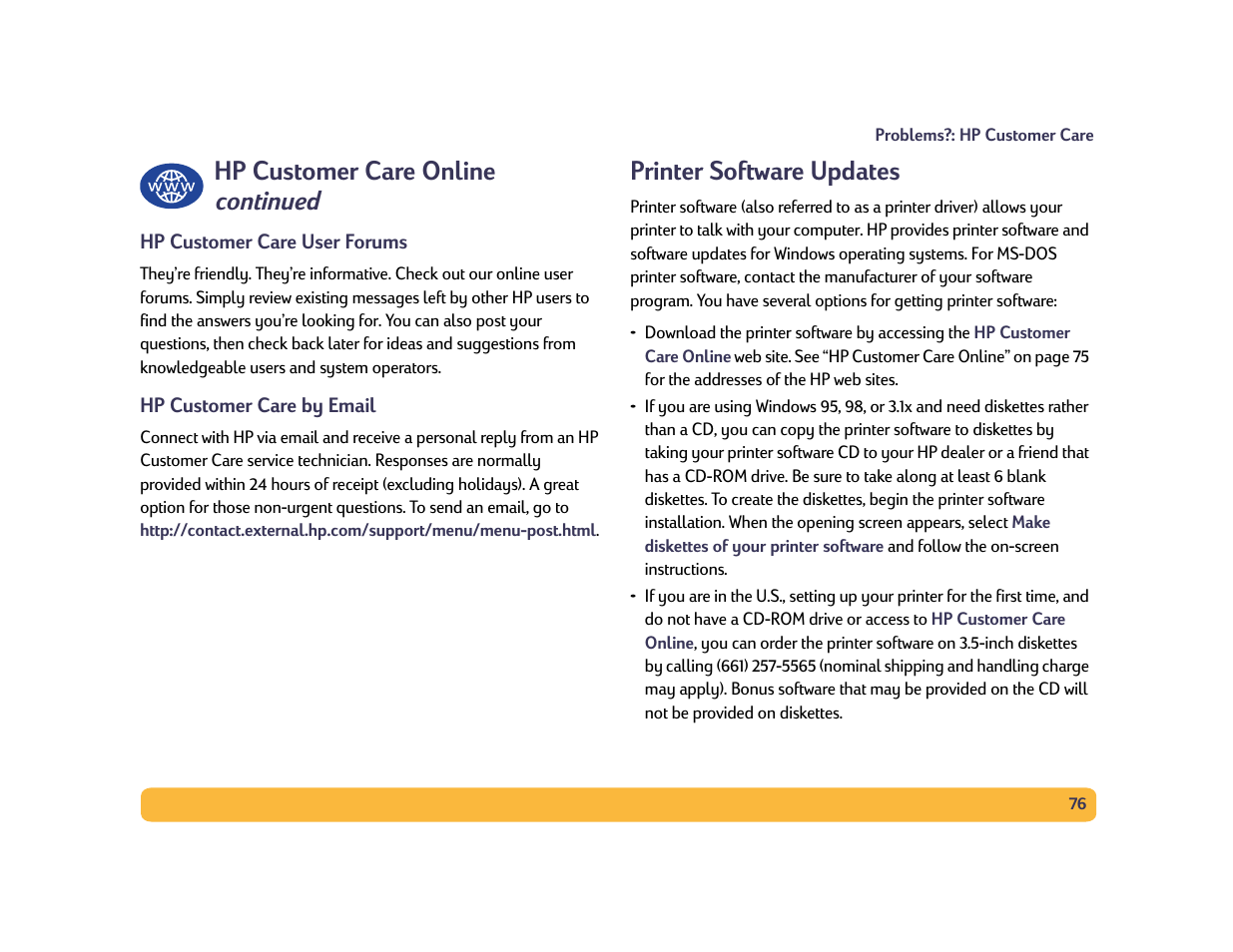 Hp customer care online continued, Printer software updates | HP Deskjet 990cxi Printer User Manual | Page 76 / 102
