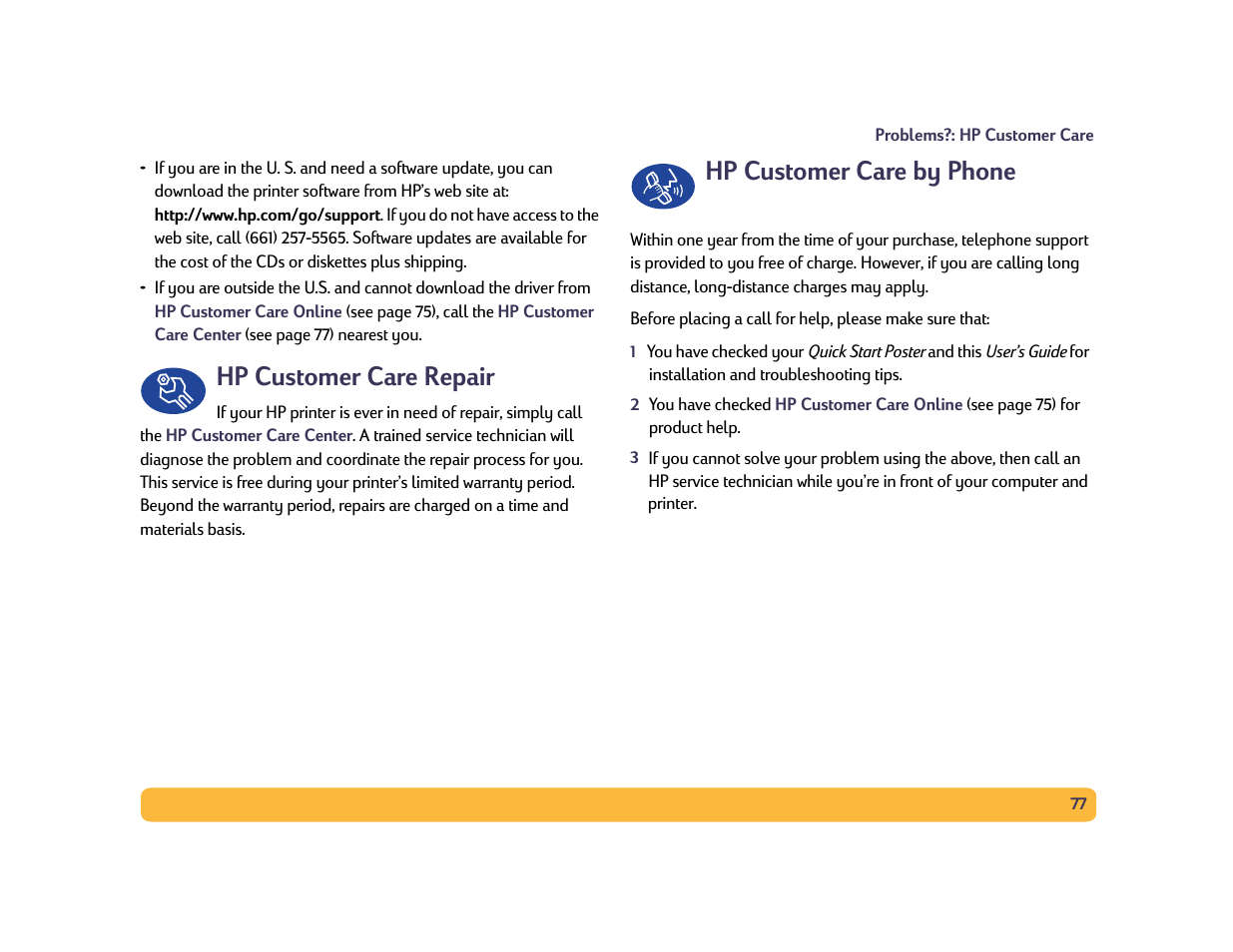 Hp customer care repair, Hp customer care by phone, 77 hp customer care by phone | HP Deskjet 990cxi Printer User Manual | Page 77 / 102