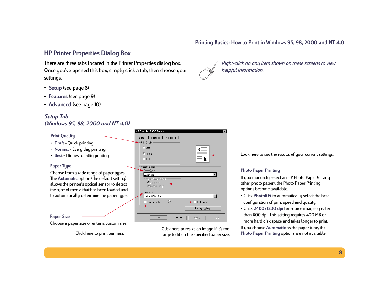 Hp printer properties dialog box | HP Deskjet 990cxi Printer User Manual | Page 8 / 102