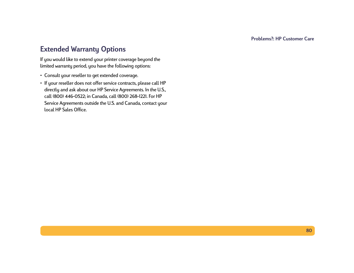 Extended warranty options | HP Deskjet 990cxi Printer User Manual | Page 80 / 102