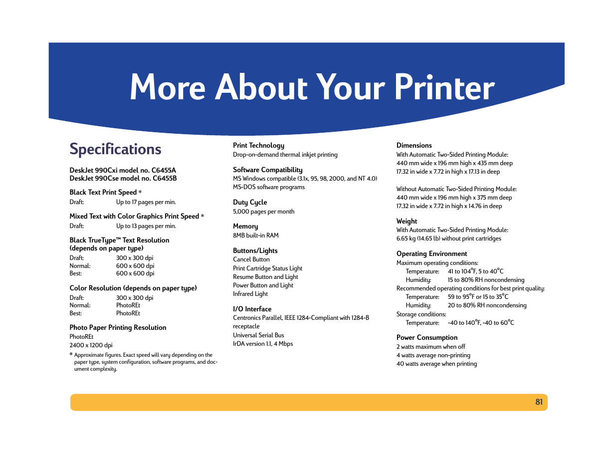 More about your printer, Specifications | HP Deskjet 990cxi Printer User Manual | Page 81 / 102